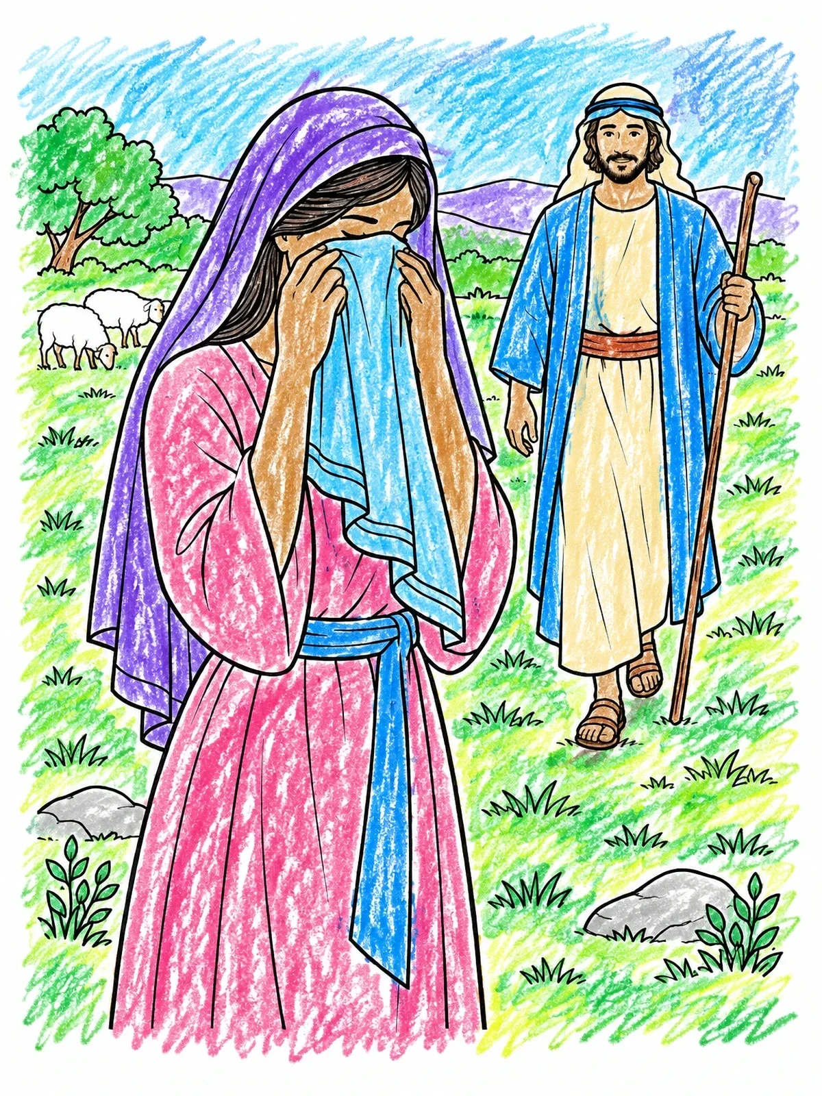 Colored example of the Rebekah Meeting Isaac In The Field coloring page