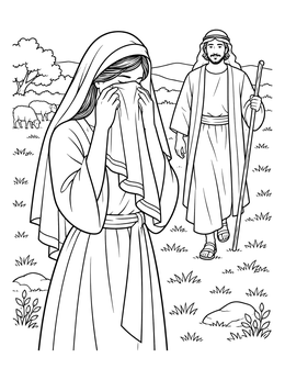 Isaac and Rebekah coloring page with Rebekah covering her face with a veil as Isaac approaches.