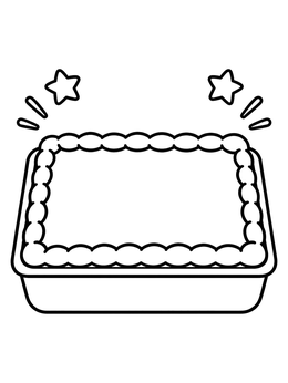 A simple sheet cake coloring page featuring a frosted rectangular cake with stars above it.