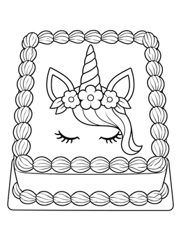 Decorated sheet unicorn cake coloring page with piped frosting borders.