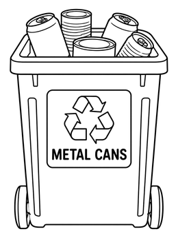A recycling coloring page featuring a wheeled bin overflowing with tin and soda cans.