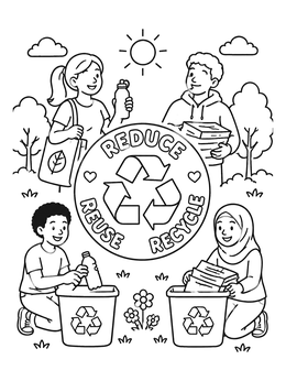 Kids sorting waste around an emblem in this recycling coloring page.