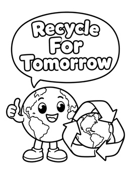 A friendly Earth cartoon in this recycling coloring page next to a recycling logo.