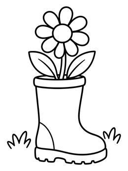 A flower blooming inside a repurposed rainboot on this recycling coloring page.