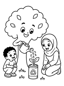 Free printable Tree And Children Planting Sprout coloring page