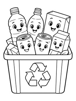 A friendly recycling coloring page featuring cheerful bottles, cans, and cartons inside a recycling bin.