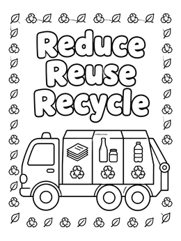 A friendly recycling coloring page featuring a split-body truck and bold letters.