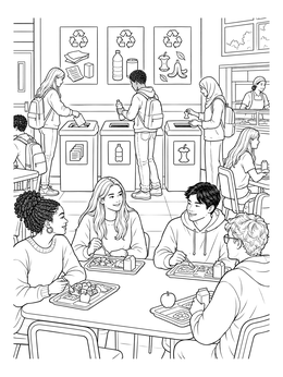 Students sorting trash in this recycling coloring page set in a busy high school cafeteria.
