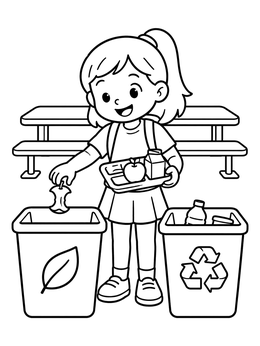 A cheerful girl sorting waste in this recycling coloring page.