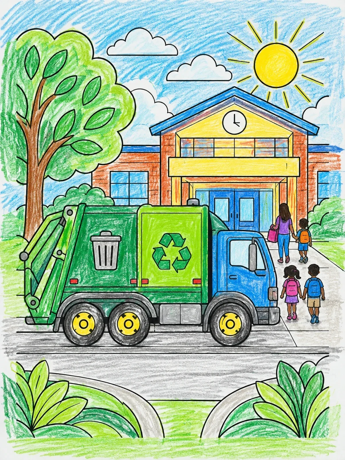 Colored example of the Recycling Truck Outside Elementary School coloring page