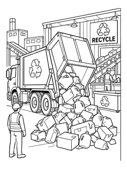 A recycling coloring page featuring a truck unloading boxes and plastic jugs at a recycling center.