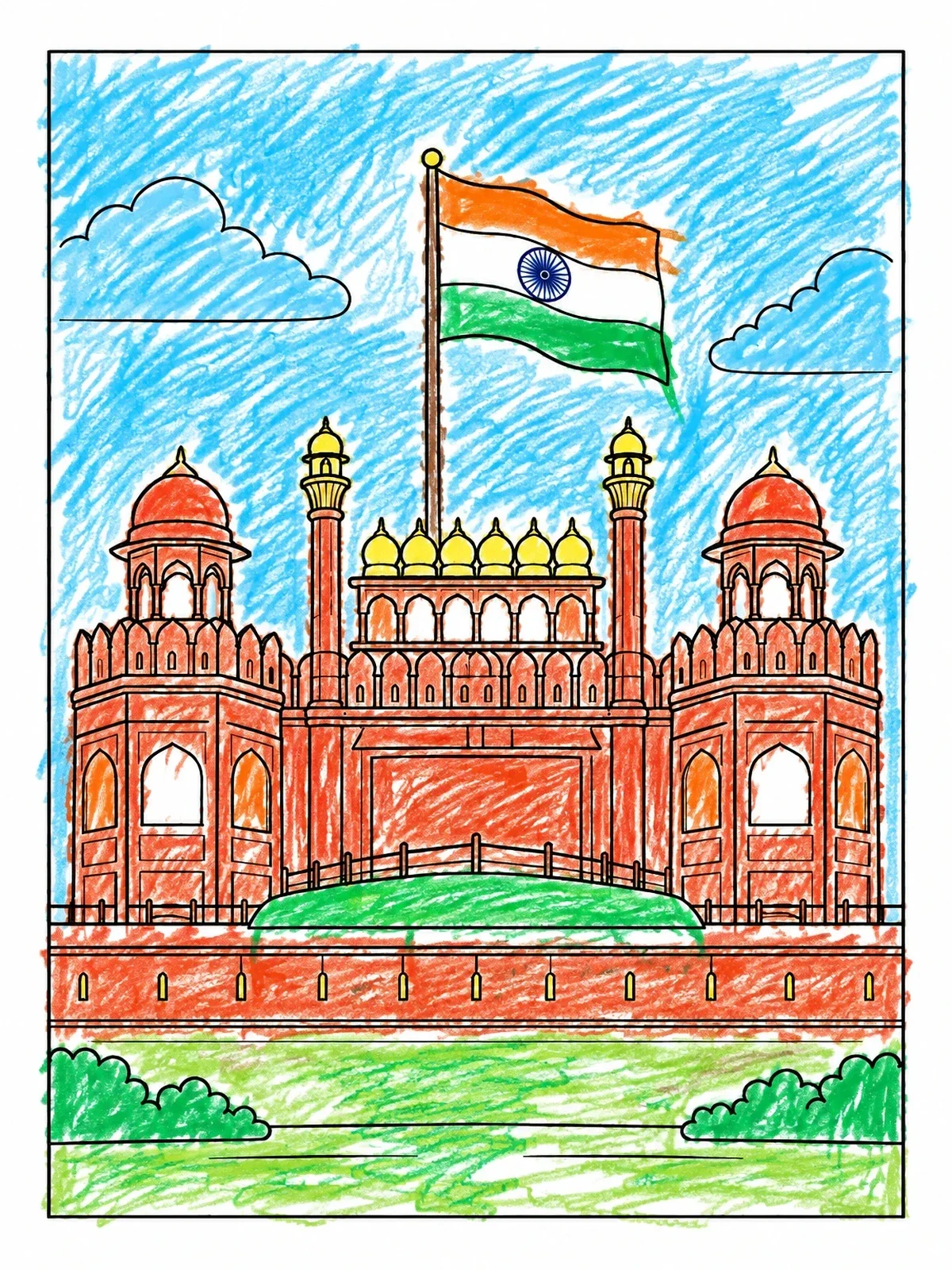 Colored example of the Red Fort With Indian Flag coloring page