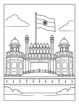 A detailed india coloring page showing the Red Fort ramparts under a waving national flag.