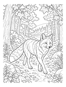 A wild fox walks along a path in this deciduous forest coloring page.