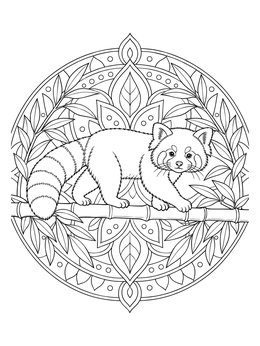 A cute red panda on a bamboo coloring page with an intricate mandala background.