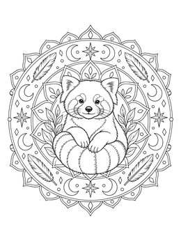 A detailed red panda coloring page centered inside a celestial mandala with feathers and stars.