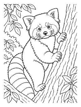 A detailed red panda coloring page showing the animal gripping a tree trunk.