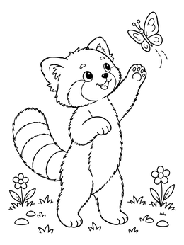 A playful cub in this red panda coloring page reaches up toward a flying butterfly.