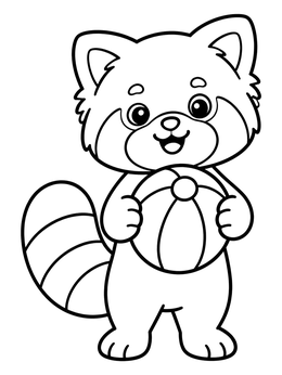 A cute red panda coloring page showing a smiling cub holding a round beach ball.