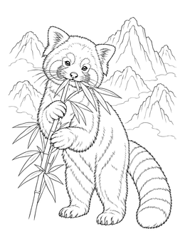 Detailed red panda coloring page showing the animal snacking on bamboo before rugged mountains.