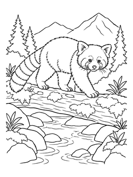 A detailed red panda coloring page showing the animal walking across a log over a mountain stream.