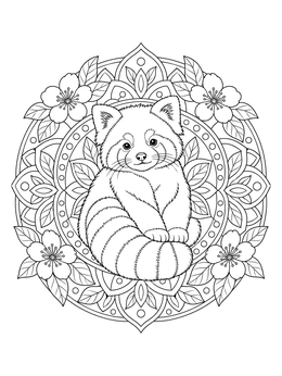 A floral red panda coloring page centered inside an ornate mandala pattern.