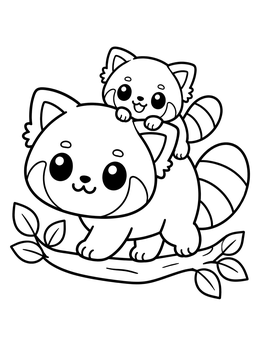 A cute red panda coloring page showing a mother carrying her baby cub on her back along a branch.