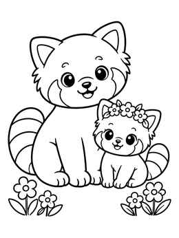 A cute adult and baby on this red panda coloring page among flowers.