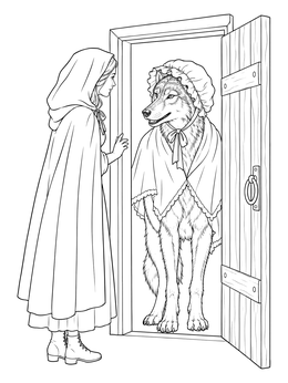 A cloaked girl meets a disguised wolf in this red wolf coloring page.