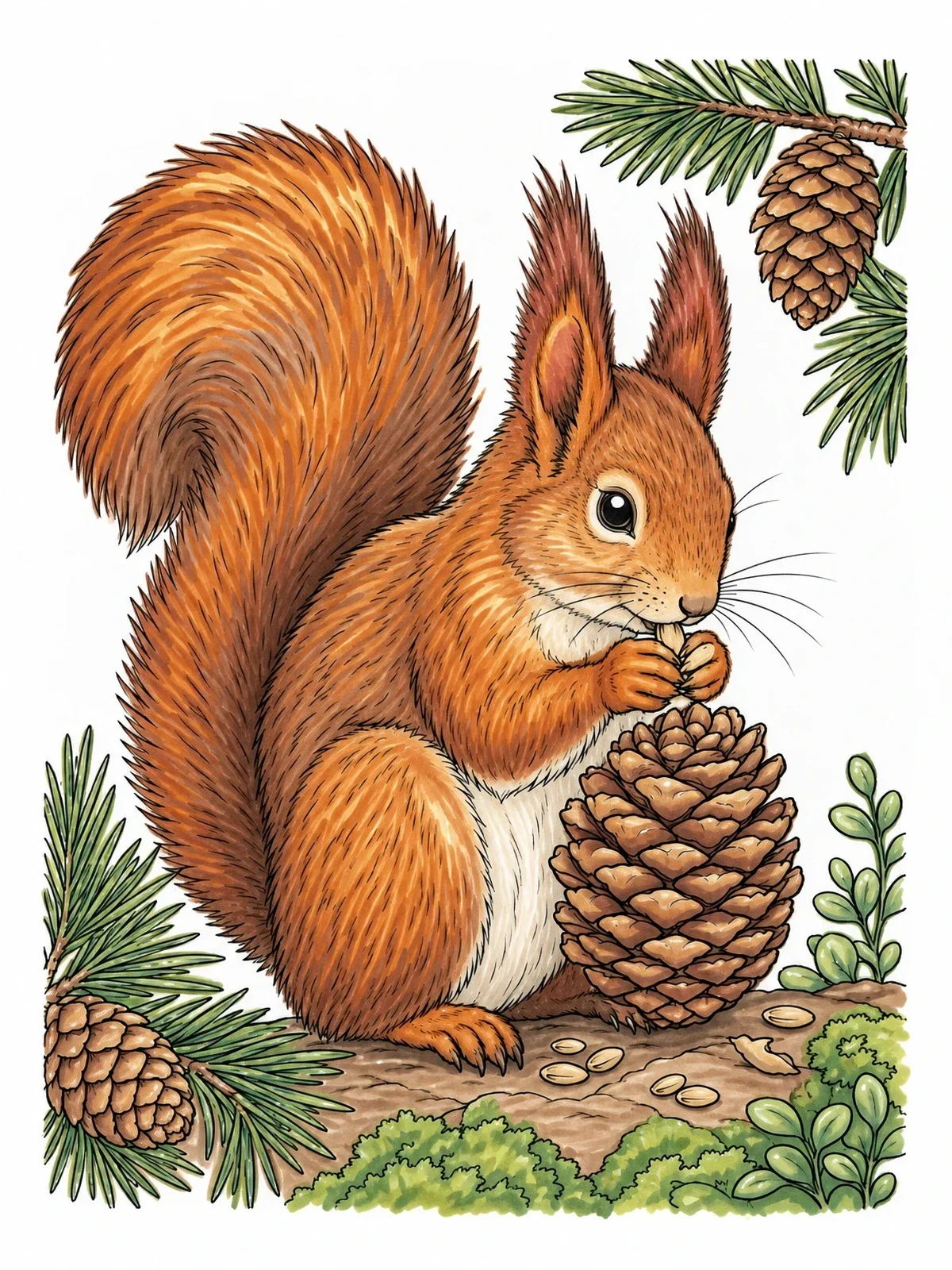 Colored example of the Red Squirrel Nibbling Pinecone coloring page