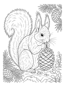 Free printable Red Squirrel Nibbling Pinecone coloring page