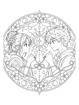 An anime couples holding hands coloring page featuring the red string of fate.