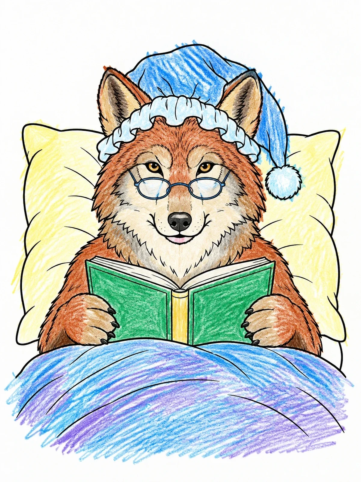 Colored example of the Cozy Wolf Reading In Bed coloring page