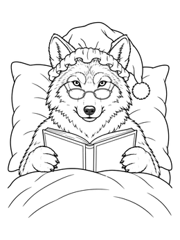 A cozy red wolf coloring page showing a wolf wearing spectacles and a nightcap reading a book in bed.