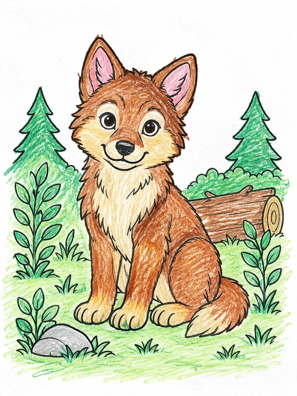 Colored example of the Cute Wolf Pup In The Forest coloring page