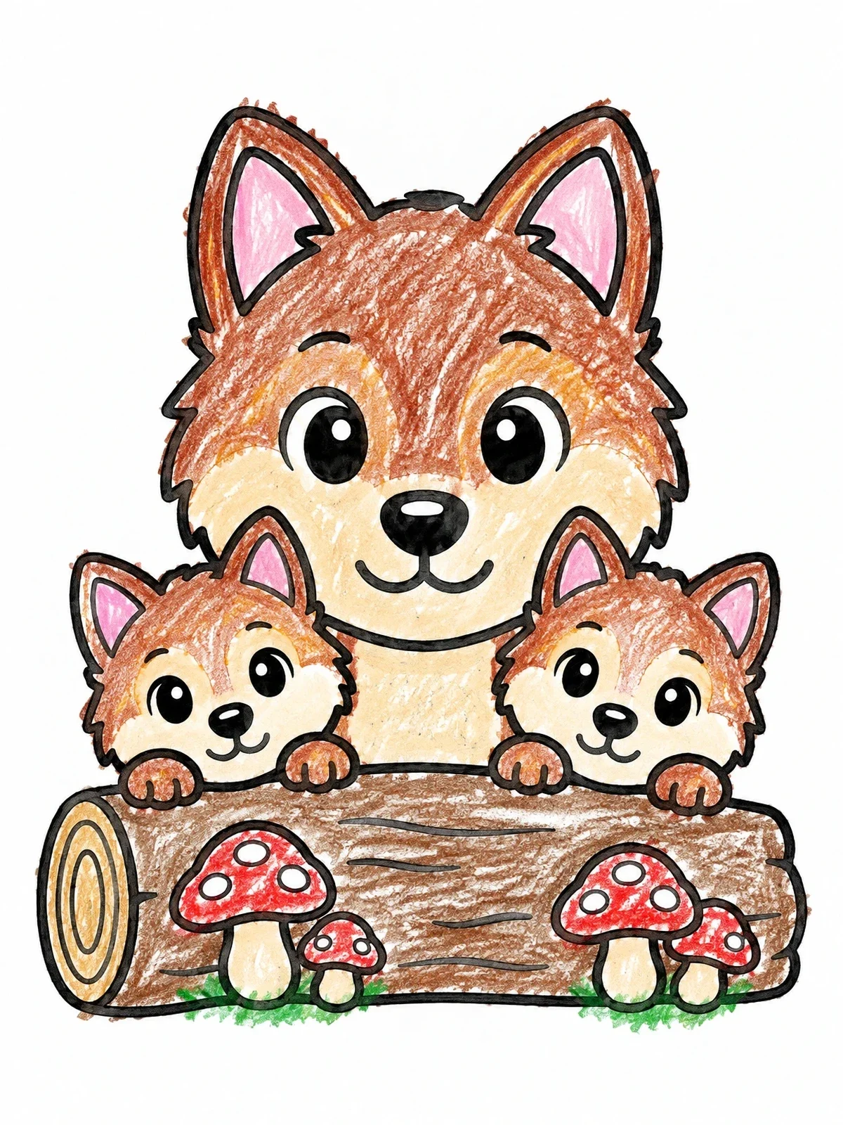 Colored example of the Cute Wolves Peeking Over Log coloring page