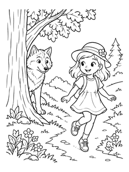 Free printable Friendly Wolf Watching Girl On Trail coloring page