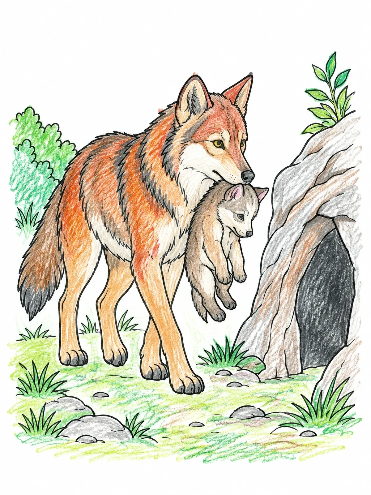 Colored example of the Red Wolf Mother Carrying Pup To Den coloring page