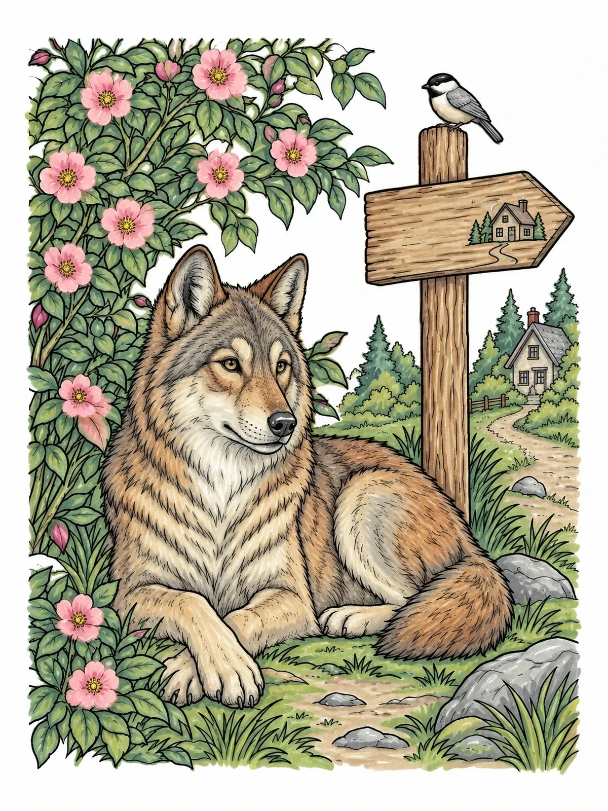 Colored example of the Wolf Resting Near Grandmother's House Sign coloring page