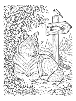 A detailed red wolf coloring page showing a wolf resting beneath flowering bushes by a wooden signpost.