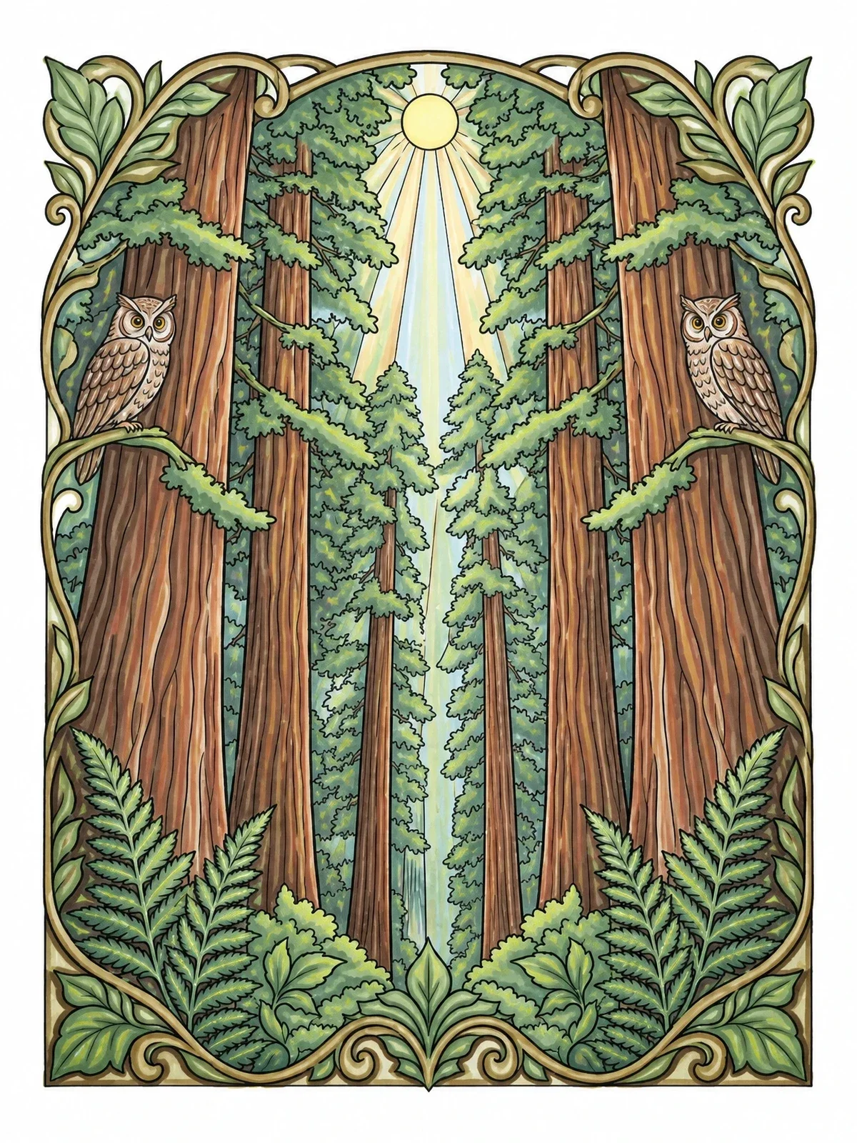 Colored example of the Redwood Forest And Owls Mural coloring page