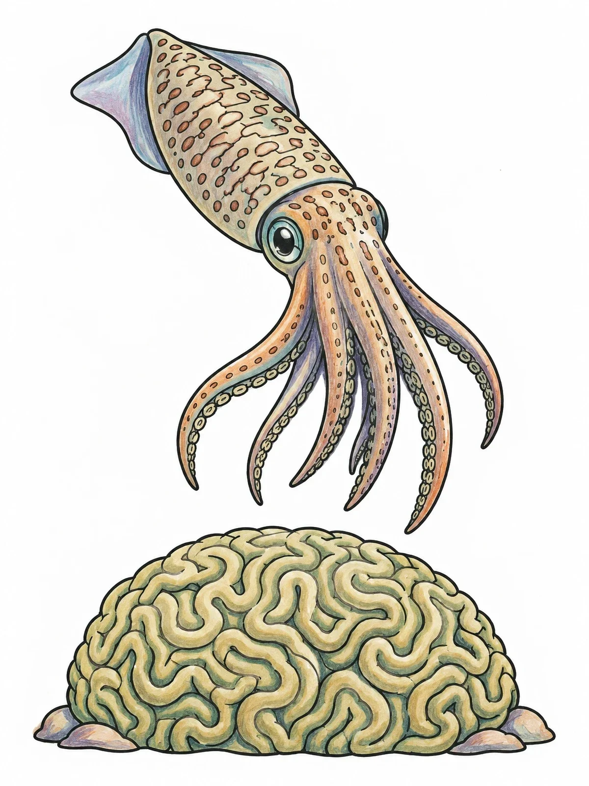 Colored example of the Reef Squid Over Brain Coral coloring page