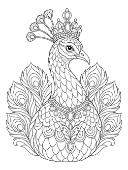An ornate peacock coloring page featuring a royal bird wearing a jeweled crown and necklace.