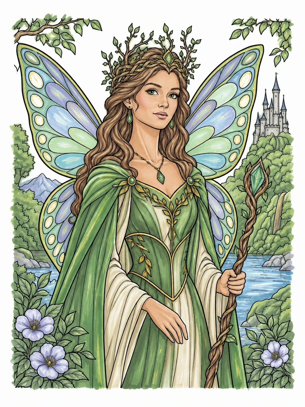 Colored example of the Regal Fairy Queen With Scepter coloring page