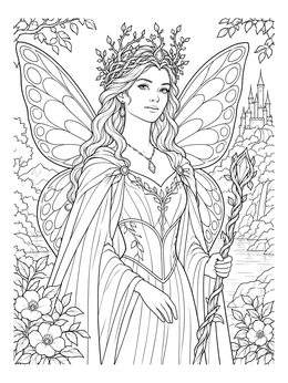 Regal fairy queen in a nature landscape fairy coloring page.
