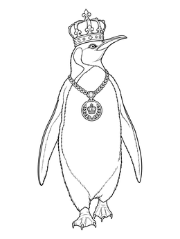 Detailed king penguin coloring page featuring an ornate royal crown and medallion necklace.