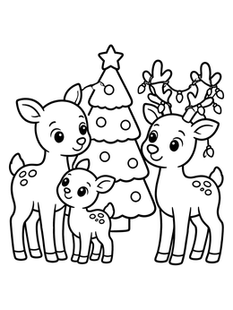 Free printable Reindeer Family By Christmas Tree coloring page