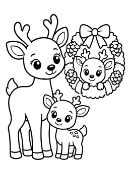 A cute reindeer coloring page featuring a mother reindeer, her fawn, and a wreath.