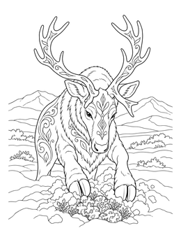 A detailed reindeer coloring page showing an antlered buck pawing snow.