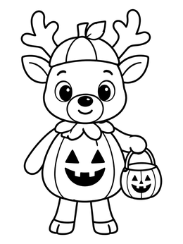 A cute reindeer coloring page showing a reindeer dressed in a pumpkin suit holding a candy bucket.